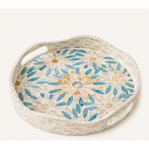 Bandeja Redonda de Lujo al por Mayor con Incrustaciones de Madreperla y Mosaico Floral Azul, Plato para Servir, Decoración Personalizada para Mesa de Centro OEM - Product Image 1