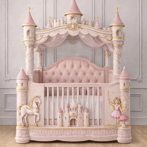 Cuna de Lujo Estilo Castillo de Princesa con Cabecera Tapizada, Madera de Teca Sólida, Muebles de Primera Calidad para Dormitorio o Sala de Estar - Product Image 1