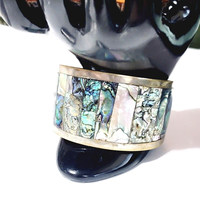 Bracelet manchette mosaïque en coquille d'ormeau fait main, incrustation de perles naturelles, style animalier, bijoux de mode écologiques, artisanat naturel pour femme
