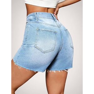 Women's <b>Stretch</b> <b>Denim</b> Shorts High Waist Raw Hem Long Cutoff Mom Fit Summer Jorts Made in Bangladesh Factory - Product Image 4