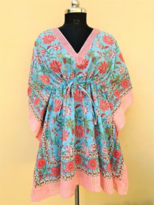 Wholesale Hand Block Printed 100% Cotton Eco-Friendly V-Neck Loose Fit Women's <b>Beach</b> Party <b>Kaftan</b> Dress Summer Holiday - Product Image 2