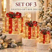 Ensemble de 3 décorations de boîte cadeau en fil métallique scintillant à piles avec nœud en ruban rouge et LED blanc chaud pour l'arbre de Noël