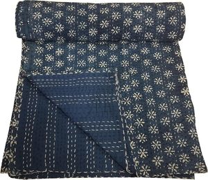 Traditional Indigo Cotton Kantha <b>Quilt</b> Blue Floral Hand-Stitched All-Season Home Decor <b>Throw</b> Cover - Product Image 1