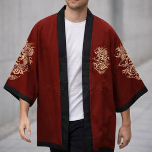 Men's <b>Red</b> Chinese Style Sporty Double Breasted Casual <b>Shirt</b> Dragon Print Full Sleeve Cotton/Bamboo Fiber Collarless Autumn Wear - Product Image 3