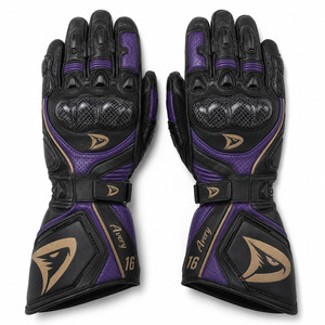 Avery Leather Racing Gloves Full Finger Purple Black Adjustable Wrist <b>Strap</b> Breathable Unisex Riding - Product Image 1