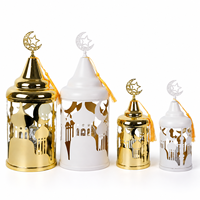 Farol Metálico Decorativo para Ramadán, Diseño de Mezquita y Estrella Creciente, Recortes Huecos, Decoración Dorada y Blanca para Eid, Venta al Por Mayor