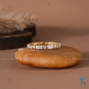 Custom Alternating Baguette Lab Created Diamond <b>Stacking</b> <b>Ring</b> Yellow Gold Women's Minimalist Wedding Anniversary Band Fine - Product Image 1