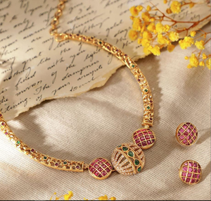 24K Gold Plated Ruby & Emerald CZ Studded Handcrafted Traditional Jewellery Set - Product Image 1