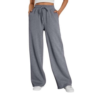 Knitted Cotton Loose Fit Autumn Wear Women's High Waist Wide Leg Drawstring Casual <b>Pants</b> Solid Gray Full Length Trousers - Product Image 1