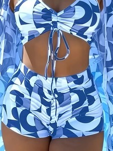 Conjunto de tankini con estampado geométrico para mujer, pantalones cortos con corte halter cruzado y cordón ajustable, traje de baño - Product Image 2