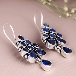 Boucles d'oreilles pendantes en laiton plaqué argent avec onyx bleu, faites à la main, pierres précieuses facettées, style bohème, pour femme - Product Image 3