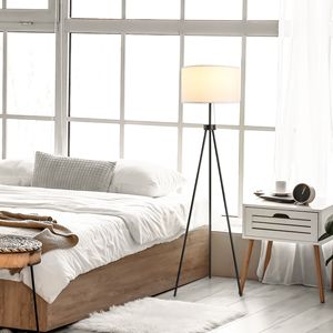 Lampada da Terra Moderna di Lusso Nera con Paralume in Tessuto Bianco, Lampada LED Postmoderna con Treppiede in Acciaio da 151 cm per Soggiorno - Product Image 2