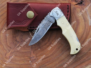 Couteau pliant à verrouillage arrière en acier de Damas de qualité industrielle, fabriqué sur mesure, avec manche en os de chameau, pour le camping en plein air, la chasse et la poche - Product Image 3