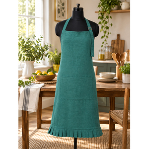 Tablier en lin de qualité supérieure |   Tablier en lin vert sarcelle avec ourlet plissé à volants et poche avant |   Tablier de cuisine réglable - Product Image 1