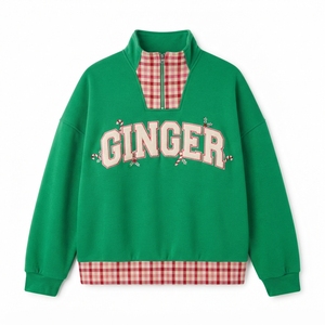 Sudadera de punto verde oversize para mujer con estampado, logo bordado de trineo, ribete de guinga roja y cuello simulado, suéter casual de primavera - Product Image 5