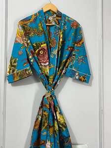 Kimono de Algodón con Estampado Floral, Cuello en V, Manga Larga, Secado Rápido, Largo Completo, Ligero, para Primavera/Verano, Ideal para Damas de Honor - Product Image 6