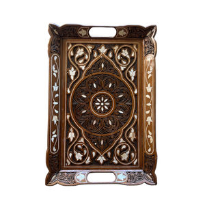 Bandeja de Servir de Madera de Mango Estilo Marroquí Hecha a Mano con Diseño Incrustado, Bandeja Decorativa para Mesa de Centro Otomana con Asas en Oferta - Product Image 6