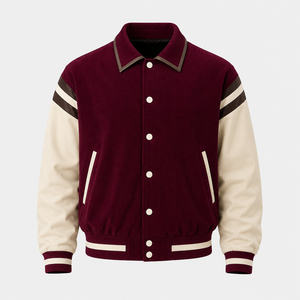 Fashion Unique Spring Maroon <b>Corduroy</b> Varsity <b>Jacket</b> Pullover Front Contrast Color Full-Sleeve Turn-down Collar Breathable - Product Image 1