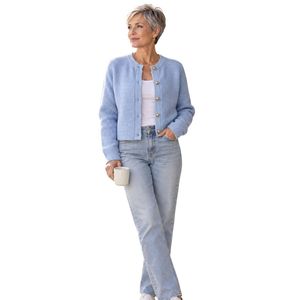 Cárdigan de punto azul claro para mujer, con botones frontales, tejido texturizado, manga larga, estilo casual, top de moda, fabricante mayorista personalizado - Product Image 4