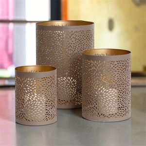 Cylinder Metal Candle Holders <b>Set</b> With Floral Cutout Design For Home Decoration - Product Image 1