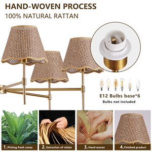 Lampadario Boho in Rattan a 6 Luci, Lampada a Sospensione Rustica Industriale, Grande Illuminazione Regolabile per Isola Cucina D - Product Image 5