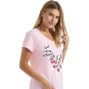 T-shirt pour femme à imprimé floral et feuilles, col en V, en mélange de coton doux, manches courtes, décontracté, léger et confortable pour l'été - Product Image 3