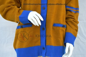 Mustard Brown Striped Cardigan Blue Trim V Neck Full Sleeve Women's <b>Preppy</b> Style Autumn Wear Anti-Pilling Embroidery Appliques - Product Image 2