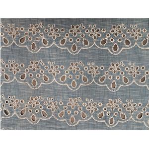 Tela de Algodón Ligera y Transpirable de Buena Calidad, Bordada con Schiffli, Color Azul Claro con Borde de Ojales Blancos, para Confección de Vestidos, Exportación - Product Image 1