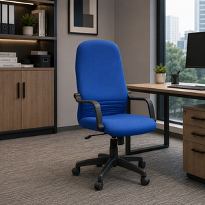 Chaise de bureau ergonomique en tissu bleu avec accoudoirs fixes et base pivotante pour usage domestique ou professionnel - Product Image 1
