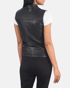 Chaleco de cuero PU negro de alta calidad para mujer, diseño personalizado, con cuello mandarín y bolsillos, sin mangas, 240 g - Product Image 3