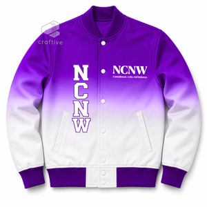 เสื้อแจ็คเก็ตวาร์ซิตี้ผ้าซาตินออมเบรสำหรับผู้หญิง NCNW Sorority ปักลายตัวอักษรกรีก กระดุมแป๊ก คอเสื้อและปลายแขนเสื้อถักแบบริบ แจ็คเก็ตเลตเตอร์แมน - Product Image 1