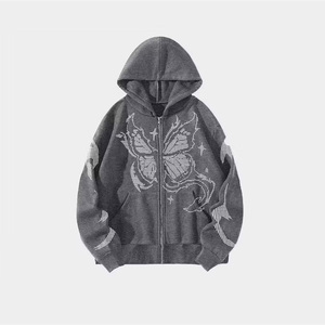 Sweat-shirt à capuche zippé bleu pour homme, imprimé papillon pailleté, décontracté, tricoté, coupe classique, vente en gros - Product Image 4
