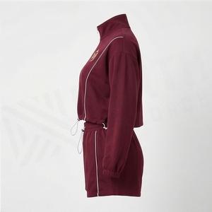 Women's 2 Piece Fleece Sporty Set <b>Maroon</b> Embroidered Logo Stand Collar <b>Top</b> With Shorts Loose Fit All Seasons Wear - Product Image 3