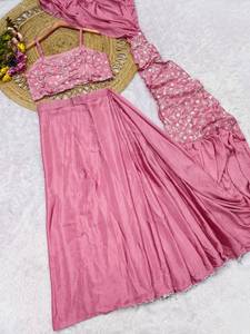 ชุดเซ็ตเสื้อครอปปักลายดีไซน์เนอร์สีชมพู สไตล์เลเฮนกา ซารี สำหรับผู้หญิง ชุดหรูหราสำหรับงานปาร์ตี้ งานแต่งงาน ชุดพื้นเมือง - Product Image 1