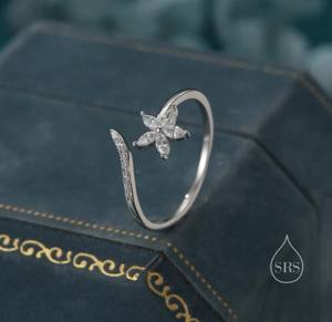 Bague ouverte CZ Fleur en argent sterling, argentée ou dorée, ajustable, motif mignonnet, minimaliste, avec zircon cubique - Product Image 3