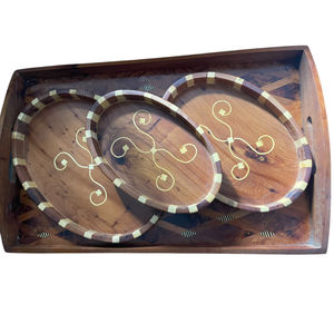 Plateau de service marocain en bois de noyer fait main avec incrustations de nacre et de mosaïque, plateau décoratif pour table basse, plateau décoratif - Product Image 5