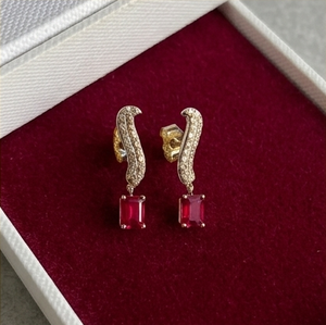 Aurora Lab Ruby Serpent Round Diamond Minimalist <b>Drop</b> Earrings with Prong & Micro Pave Setting in 9KT Gold Fine Jewelry - Product Image 1