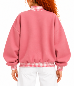 Sweat-shirt surdimensionné personnalisé pour femme, col montant, motif écossais rose, broderie lettre appliquée, en molleton de coton, vente en gros - Product Image 6