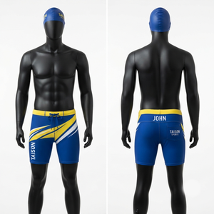 Short de bain en polyester et élasthanne de qualité supérieure, 220 GSM, design à panneaux bleu et jaune, logo personnalisé par sublimation - Product Image 1
