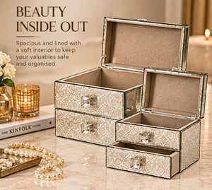<b>Antique</b> Ivory <b>Mirrored</b> Glass Jewelry Storage Box Set <b>with</b> Ornate Pattern Silver Latch Glossy Finish Decorative Keepsake Organize - Product Image 5