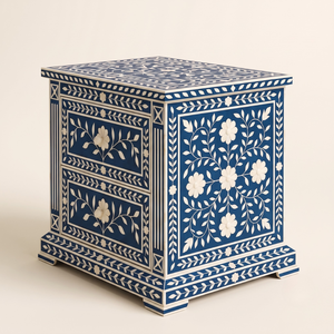 Luxury Navy <b>Blue</b> Bone Inlay <b>Bedside</b> <b>Table</b> 2 Drawer Floral Handmade Nightstand Wooden Furniture for Bedroom, Living Room - Product Image 4