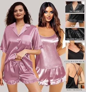 Women Satin Pajamas <b>Set</b> Short Sleeve Elastic Waist Solid <b>White</b> Classic Style <b>2</b> <b>Pieces</b> Summer Winter Wear Stretch - Product Image 5