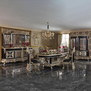 Ensemble de table à manger de style baroque royal haut de gamme, bois d'acajou, finition noir et argent, table ovale sculptée à la main, meubles anciens - Product Image 1