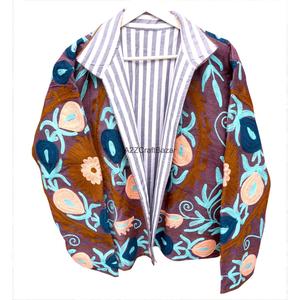 Blazer de Algodón Transpirable para Mujer, Estilo Nuevo, con Bordado Floral a Rayas, Cuello Mao, Cierre de Botones Cubiertos, Otoño - Product Image 3