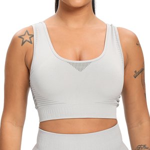 Nouveau soutien-gorge de sport sans coutures pour femme 2026, col rond, gris clair uni, maille respirante côtelée, maintien moyen, vêtement de fitness - Product Image 1