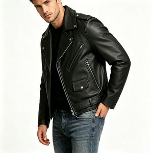 Custom Logo Embroidered Vintage Men Black Genuine Cowhide <b>Leather</b> Motorcycle <b>Jacket</b> Classic <b>Retro</b> Durable Asymmetrical Belt - Product Image 3