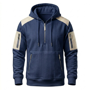 Blue Plus Size Men Hooded Sweatshirt Zip Up Hoodie Contrast Shoulder Zip Pocket Pullover - Product Image 3