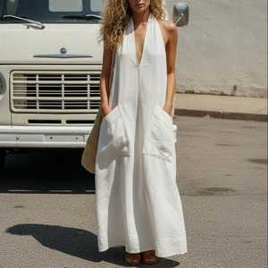 Vestido Maxi de Lino Ecológico para Mujer, Manga Corta, Cintura Alta, Corte Regular, Diseño Escalonado, Estilo Casual de Verano para Playa, Largo y Fluido - Product Image 5