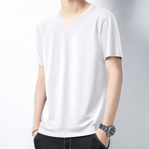 T-shirt homme col V en coton respirant, coupe slim et polyvalente, couleur unie, broderie personnalisée avec logo OEM. - Product Image 3