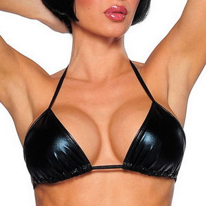 OEM Custom Women's Fashion Wet-Look Black Cow Hide <b>Leather</b> Sexy Crisscross Strap <b>Bralette</b> Lace Top Breathable Solid Front - Product Image 6